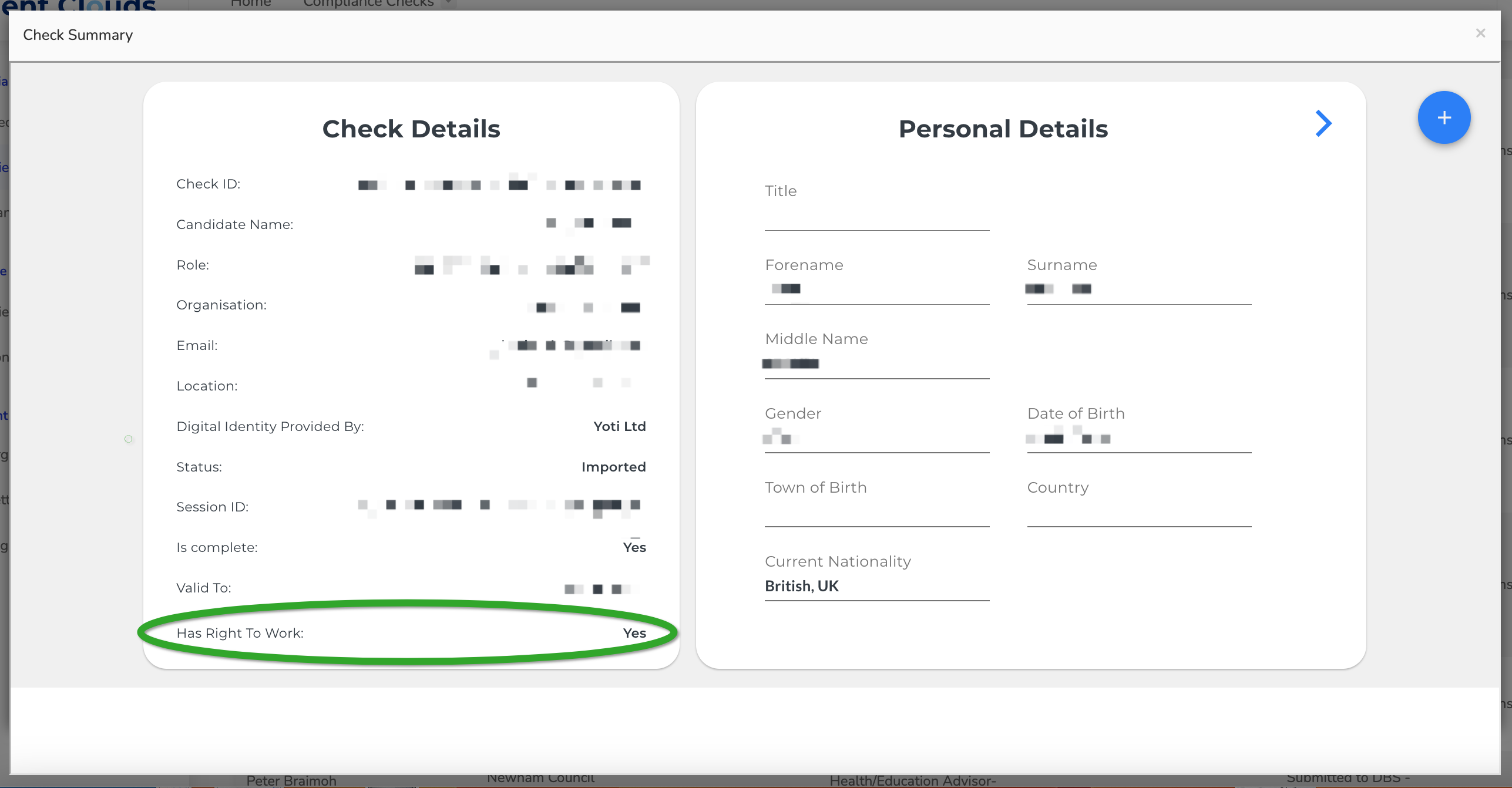 Has Right To Work: Yes shown in a completed result