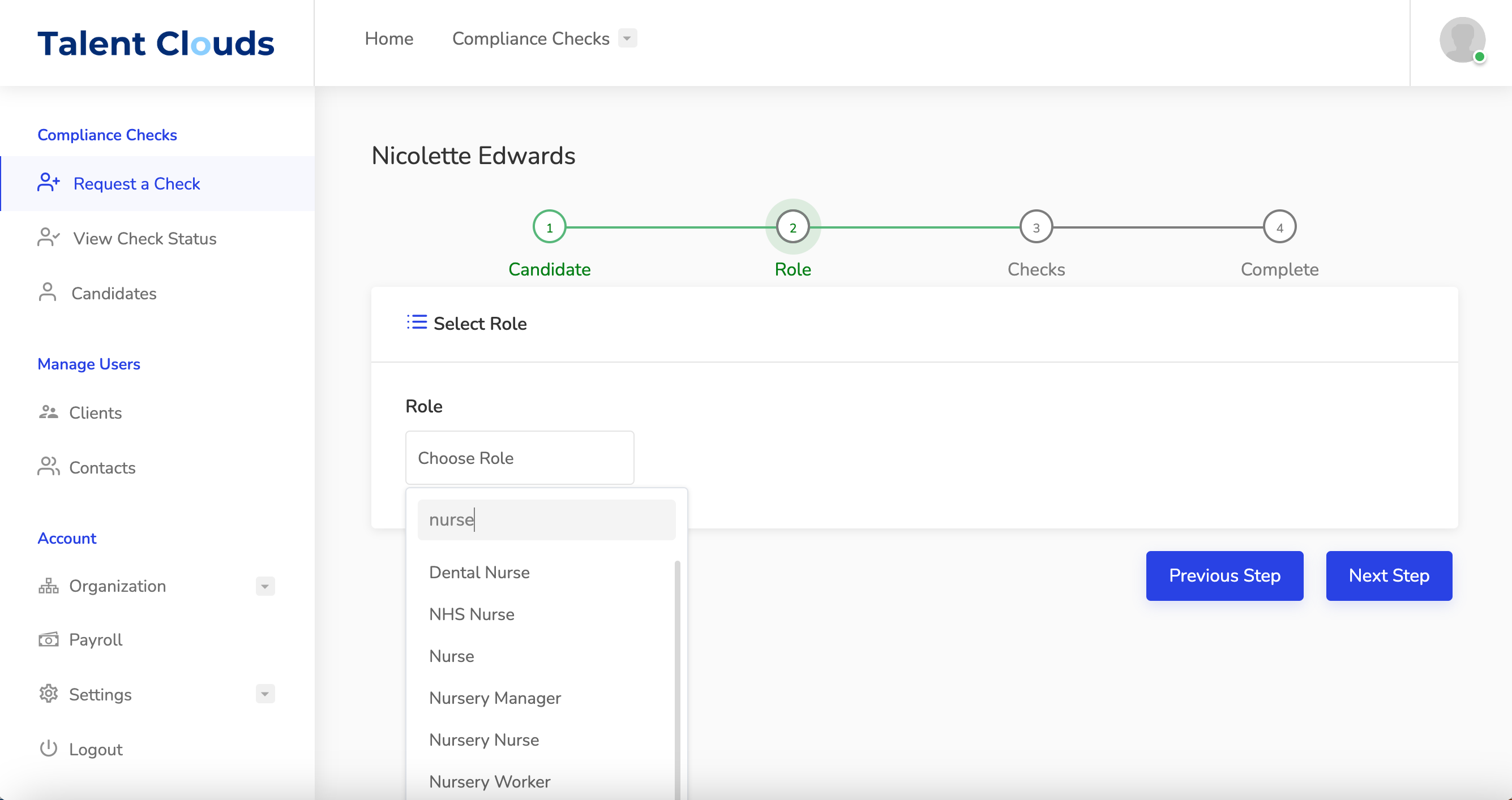 Selecting a candidate role title in TalentClouds