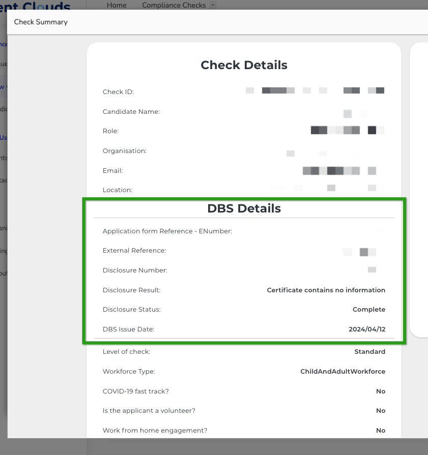 A DBS result summary in the Candidate Check Dashboard