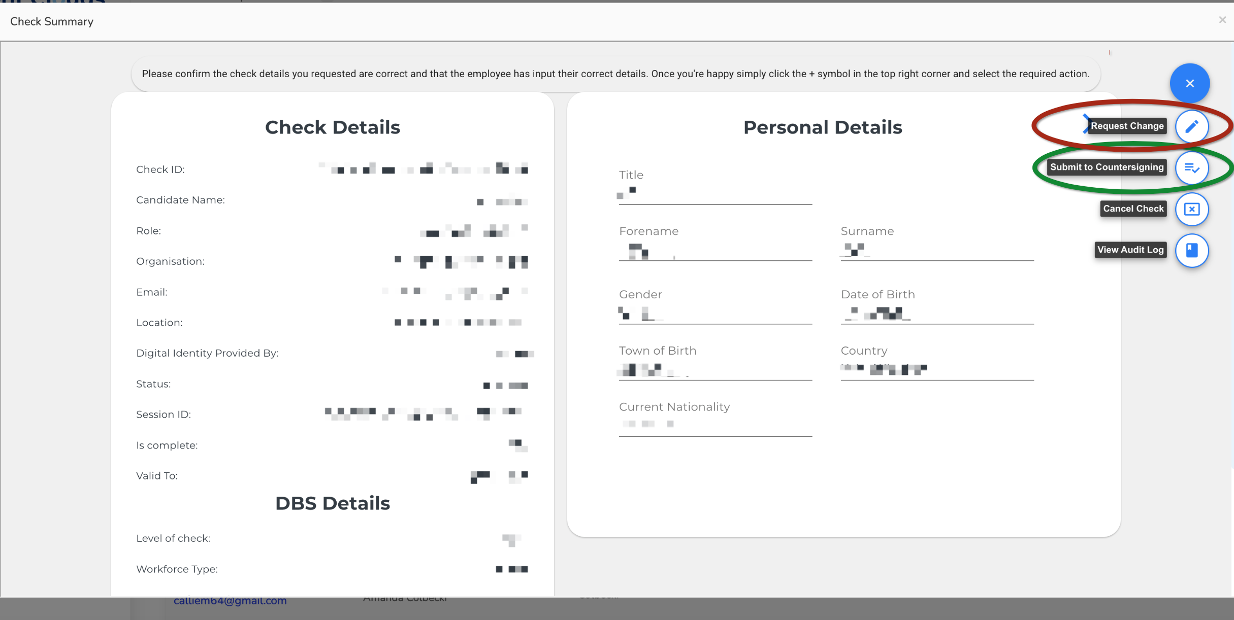 Submit to Countersigning and Request Change actions