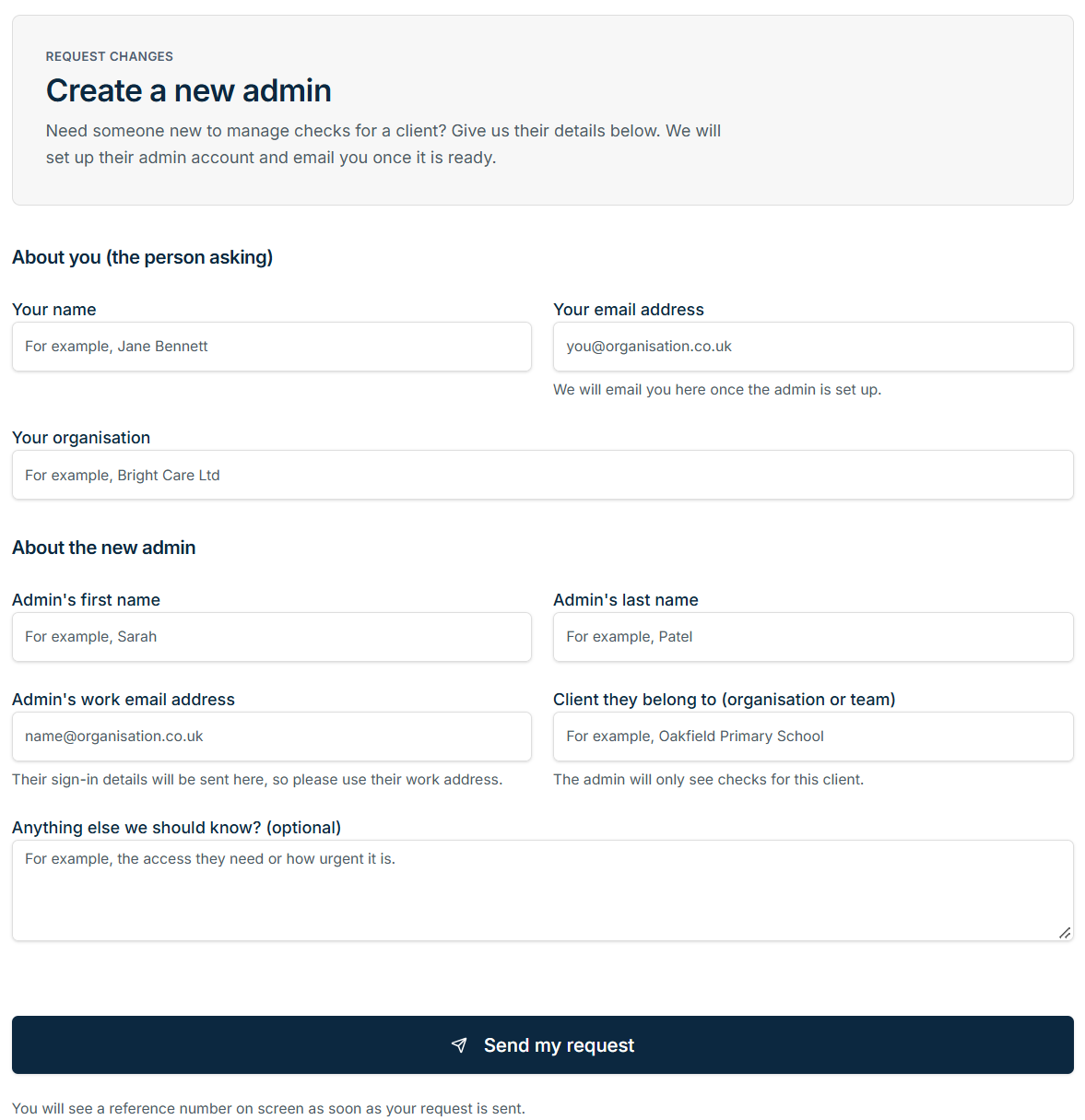 Create a new admin request form in the TalentClouds Help Centre