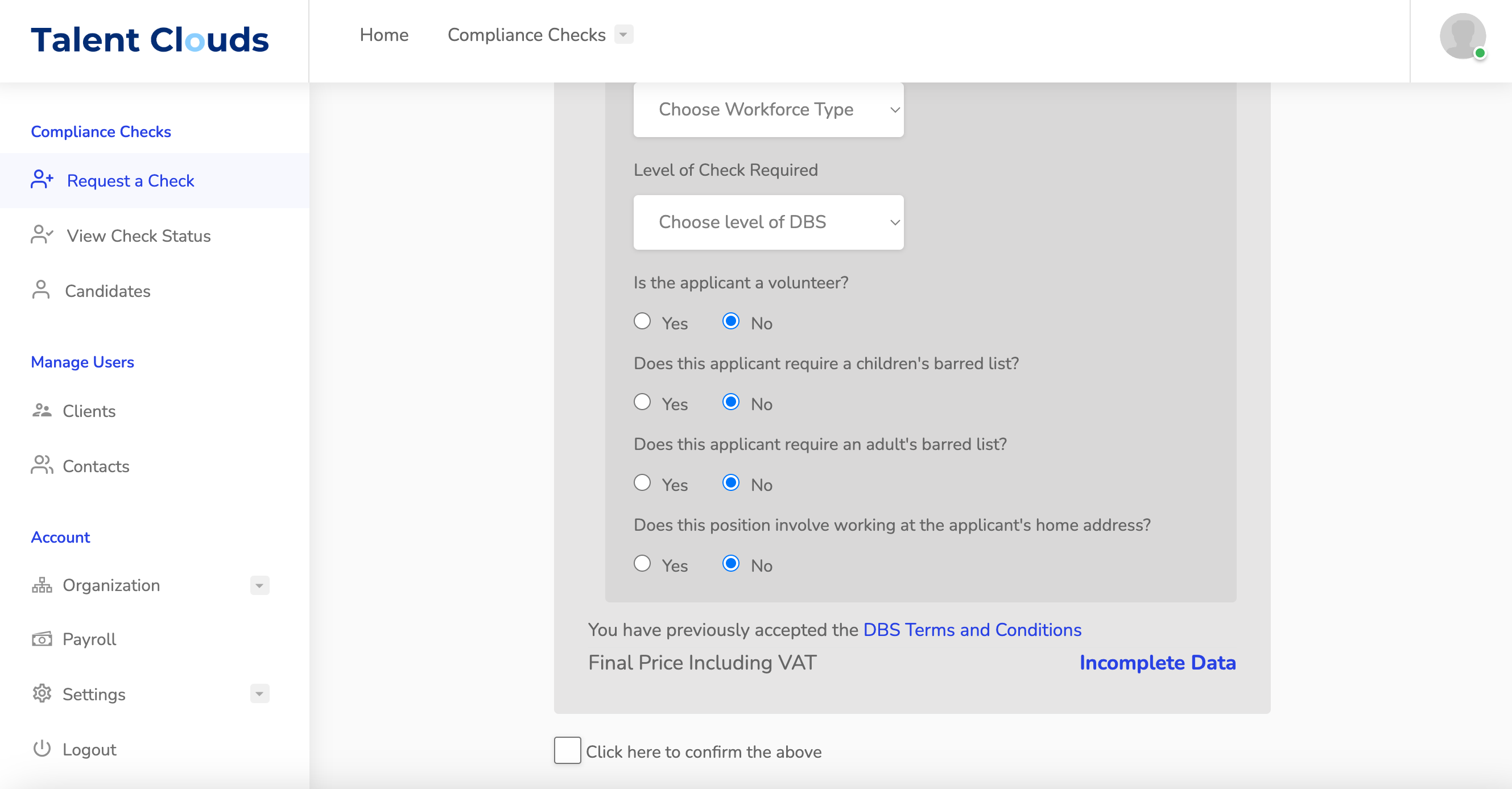 Selecting the DBS level and eligibility details