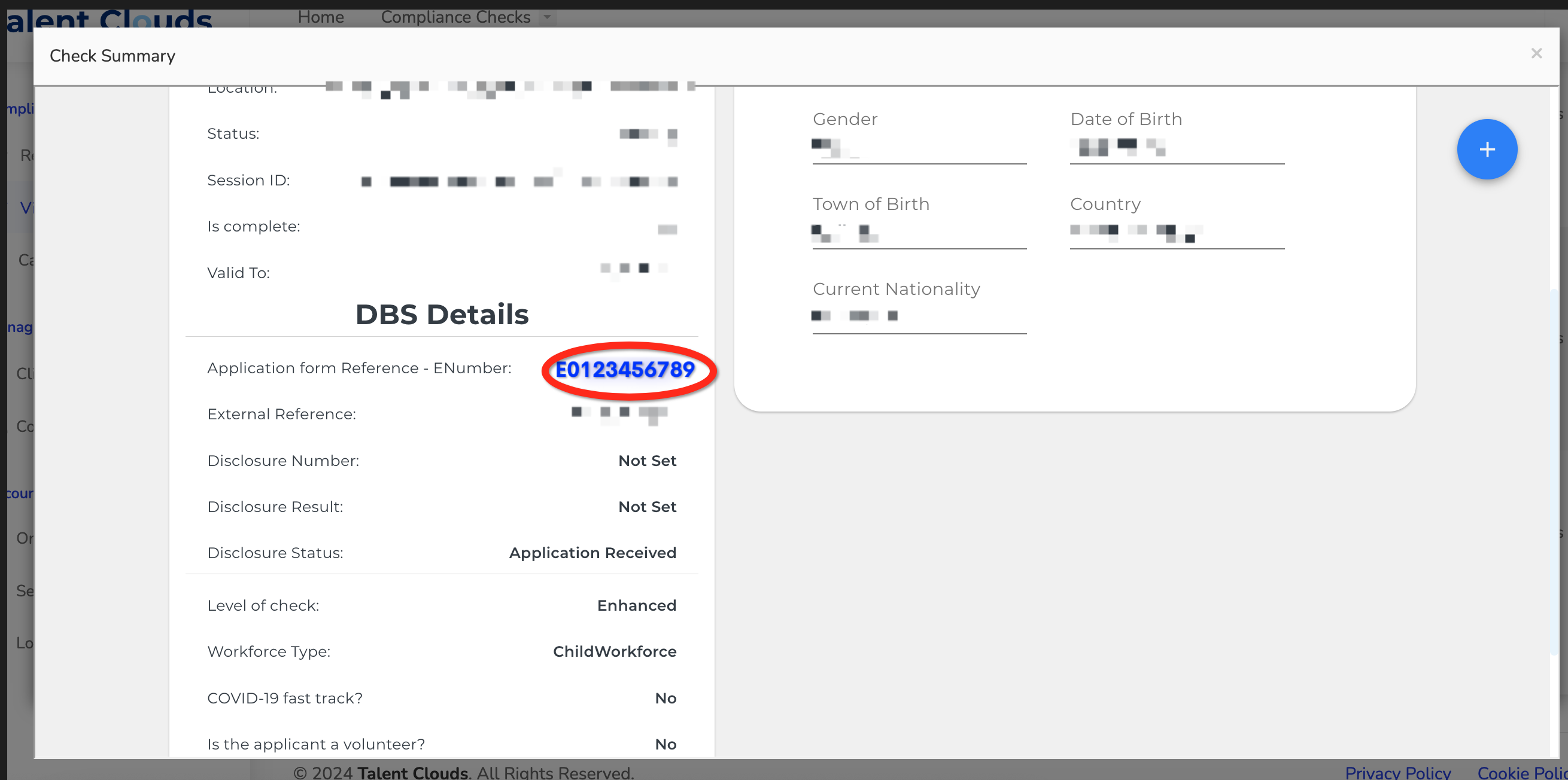 Application ENumber link in a DBS check summary
