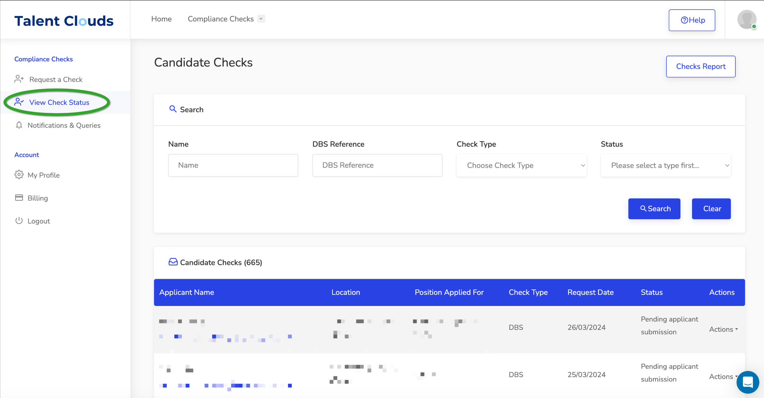 View Check Status in the TalentClouds Client Portal