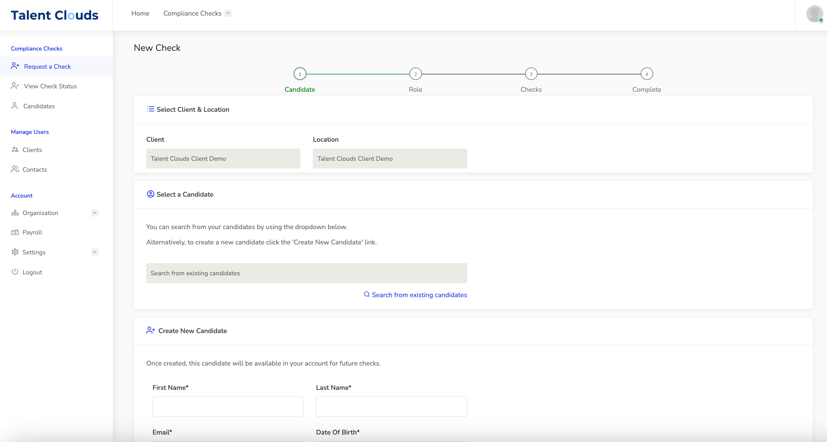 Create a New Candidate details in TalentClouds